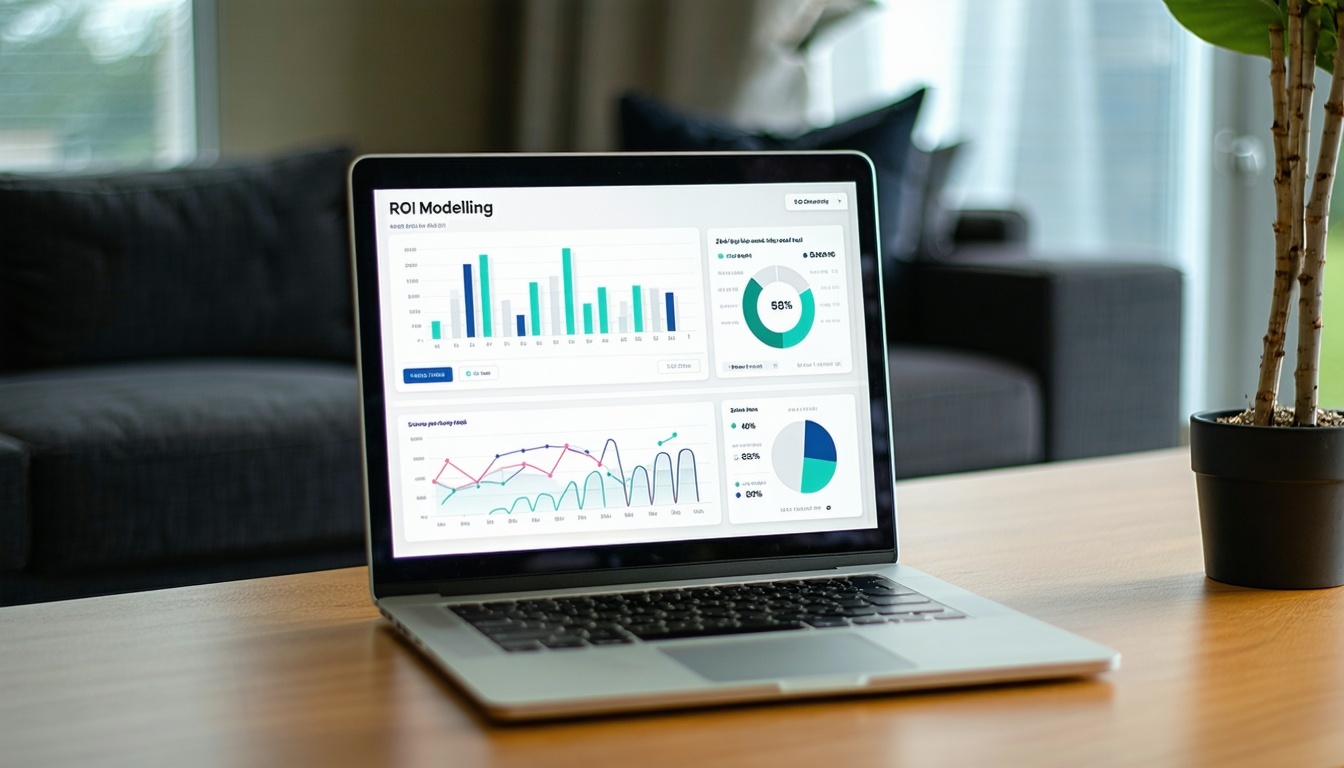 A laptop screen sitting on a table the screen is showing ROI modelling and graphs