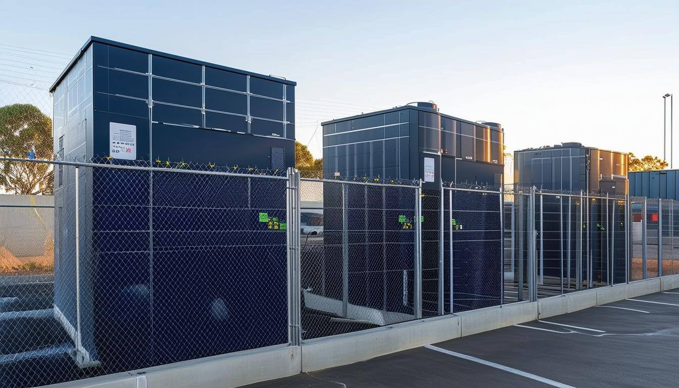 large solar storage batteries in a fenced compound in a car park