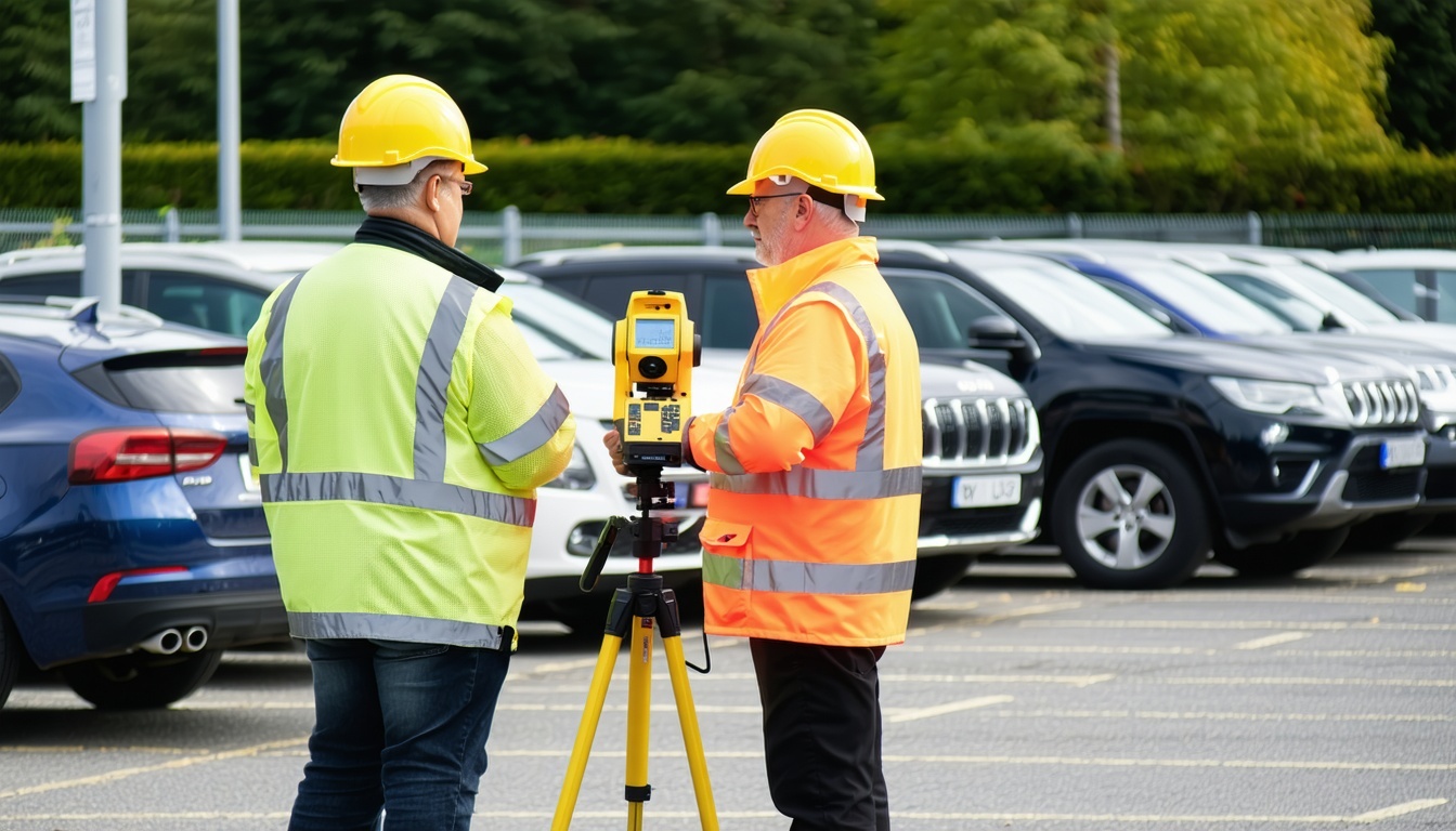 Two people in hard hats and high vis jackets standing in a car park with a laser surveying tool on a tripod The people are standing with their backs to the camera holding clipboards and talking together